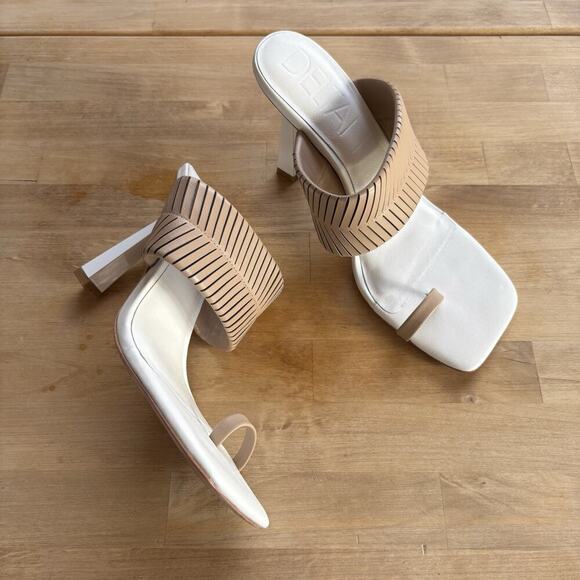 Deltan Kelsea White Tan Leather Braided Slip On Heeled Summer Sandals Size 8.5M - Picture 1 of 11